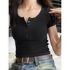 Korean Sweet Tight Spicy Girl Collarbone Simple Short Slept T-shirt Women Solid Striped Round Neck Button Breathable Slim Tops