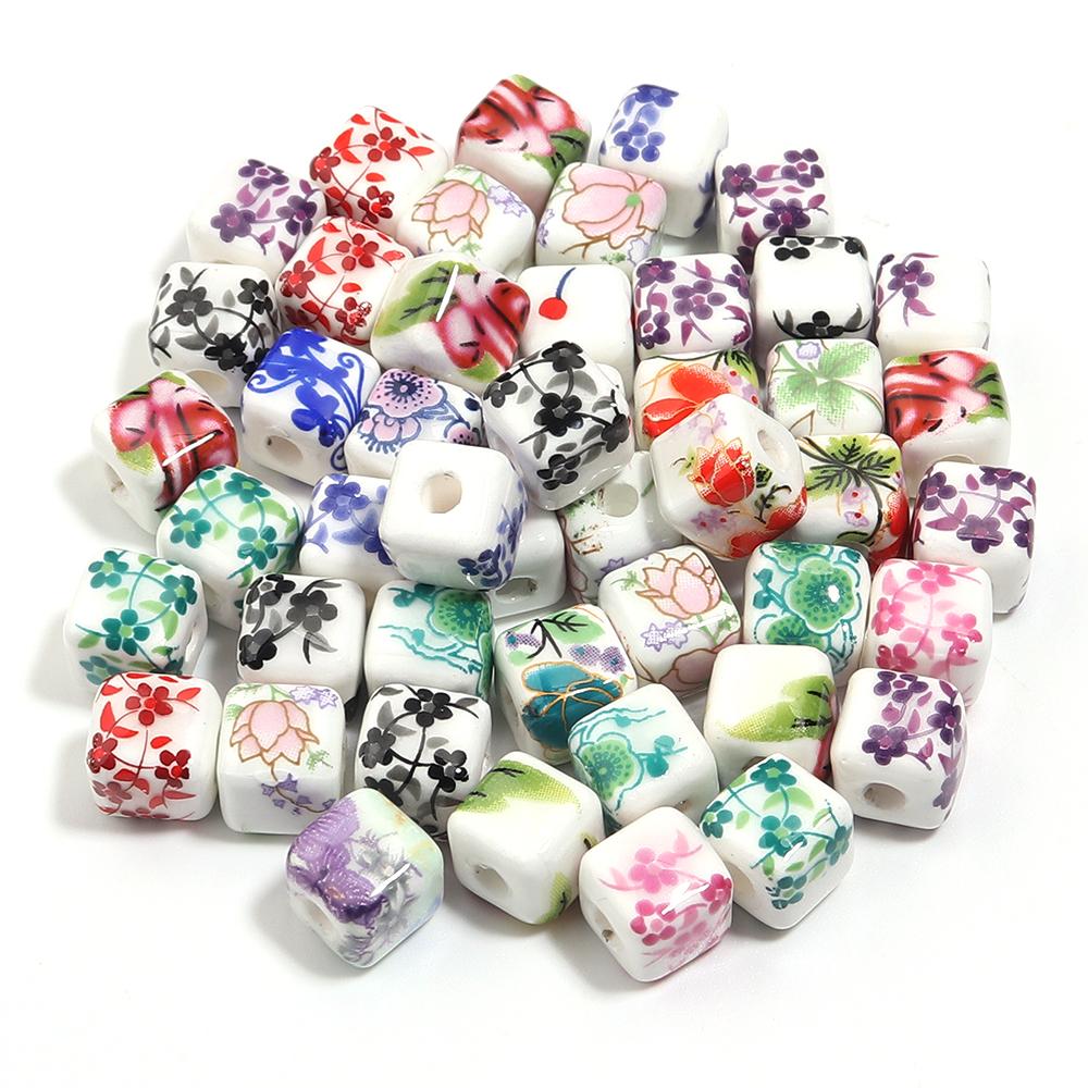 20pcs 8mm Flower Patterns Square Ceramic Beads Big Hole Porcelain Loose Beads For Jewelry Making DIY Bracelets Necklace Findings
