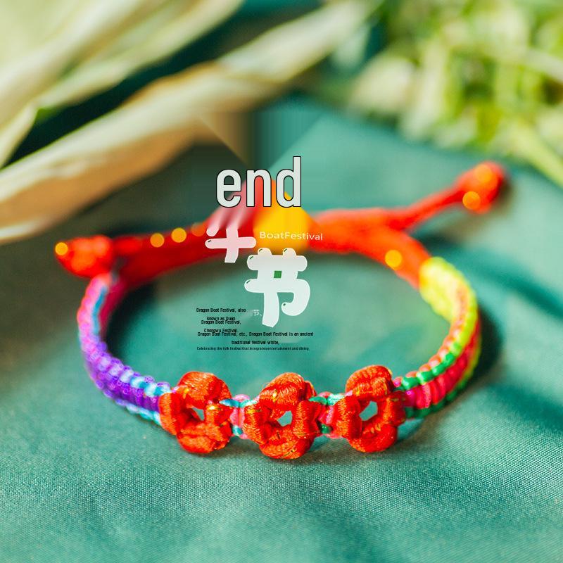 Peach Blossoms Five-Color Dragon Boat Festival Bracelet: Handmade Adjustable Woven Rope