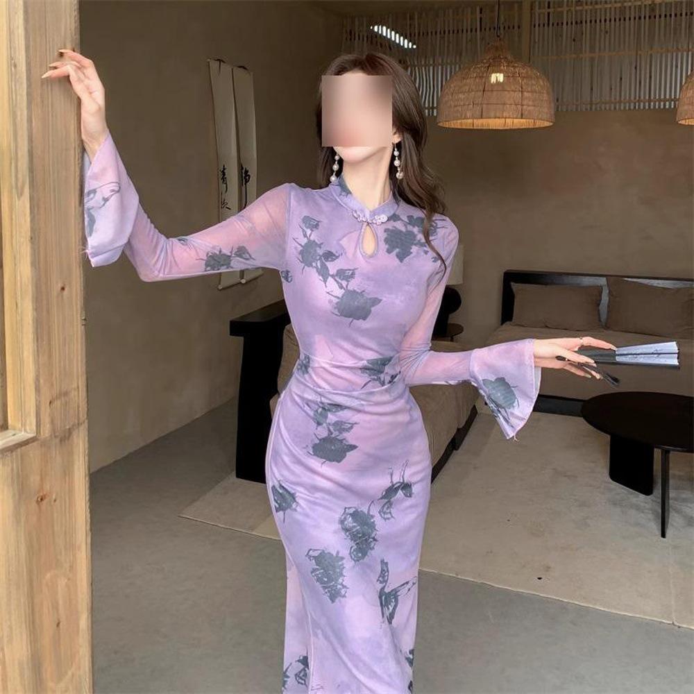 

Новое платье ципао с длинным рукавом в китайском стиле для женщин - Элегантная весенне-осенняя мода Extra Large