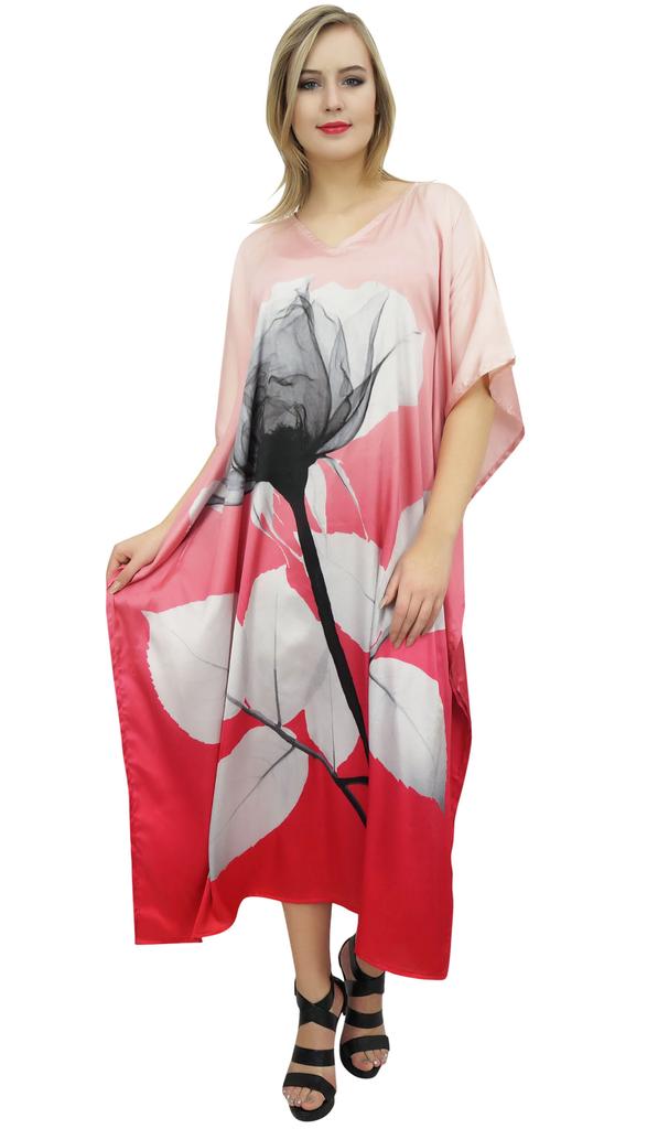 Bimba Women's Long Kaftan Dress Chic Floral Satin Peach Caftan Kimono