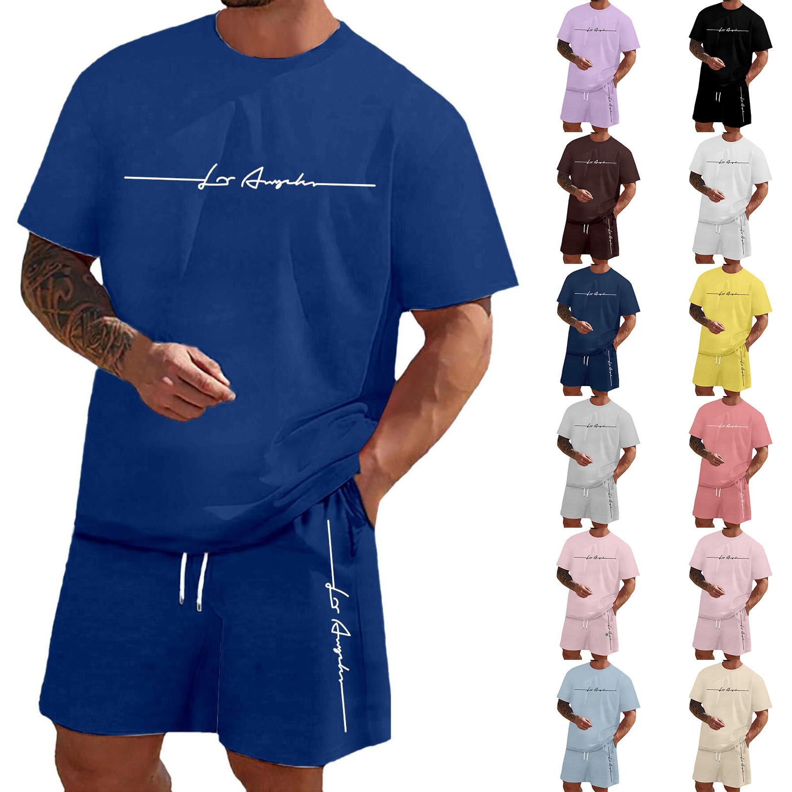 

Men S Solid Color Casual Round Neck Short Sleeved Shorts Two-Piece Set XL жовтий