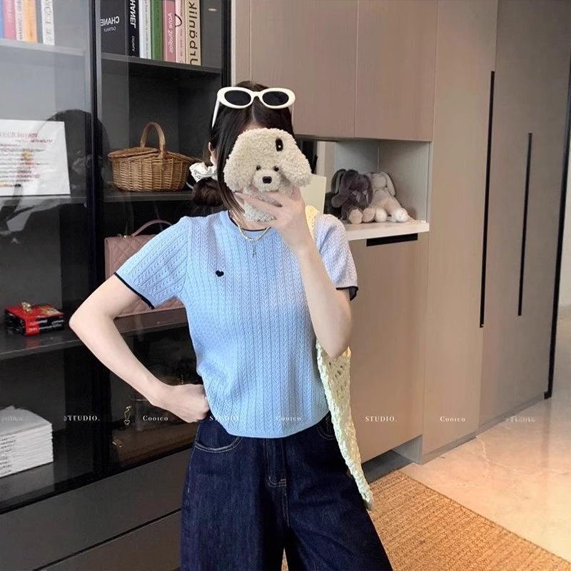 Chic Summer Heart Design Ice Silk Knitted T-shirt - Women's Short Sleeve Color Block Top