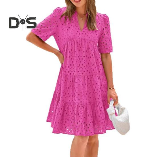 Rochie de vară pentru femei, cu mânecă scurtă, cu guler în V, model A-line, cu scobitură, cu scobitură, rochie de plajă