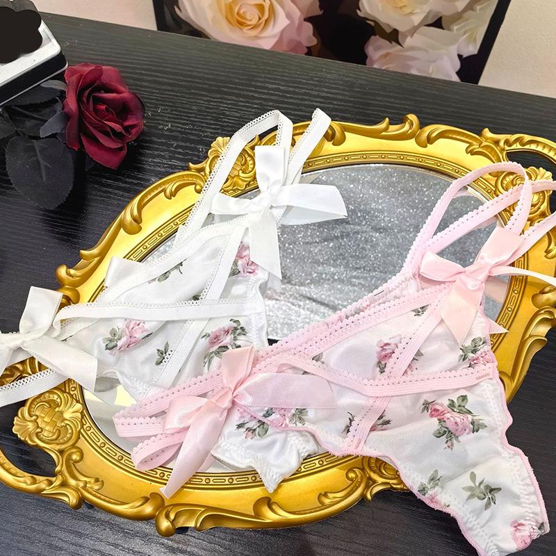 

1pc Cross strap Lovely Smooth Satin Underpants Floral Printed Briefs Ruffled Thong
