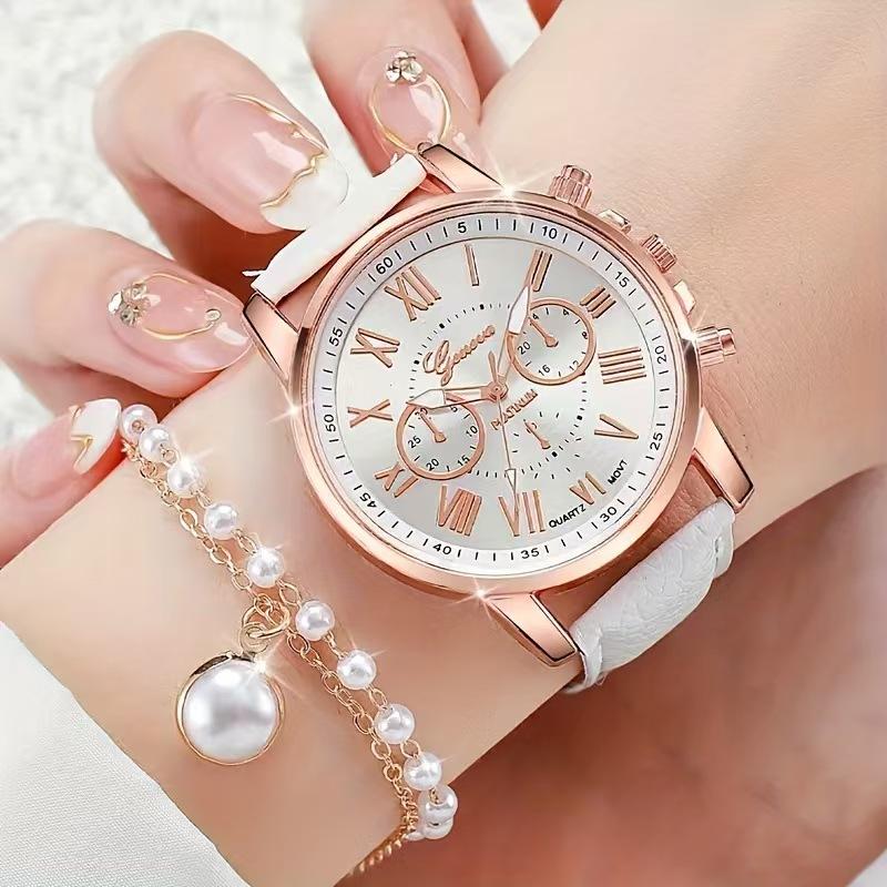5/6PCS Fashion Women's Quartz Watch Leather Band Analog Wrist Watches Heart Rhinestone Jewelry Set(Without Box)
