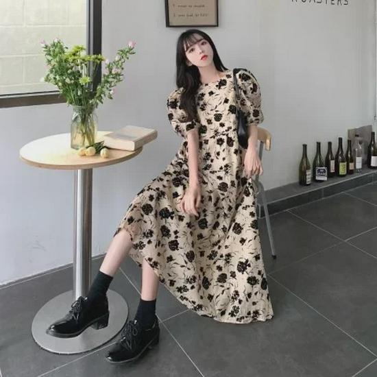 Korean Style Puff Sleeve Floral Midi Dress for Women