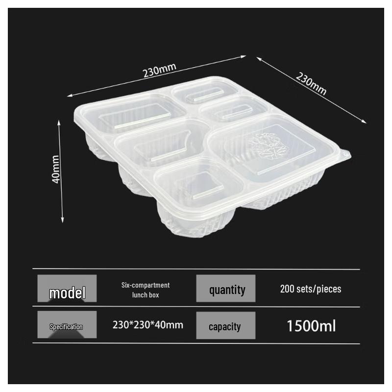 Disposable Transparent Six-Compartment PP Lunch Box