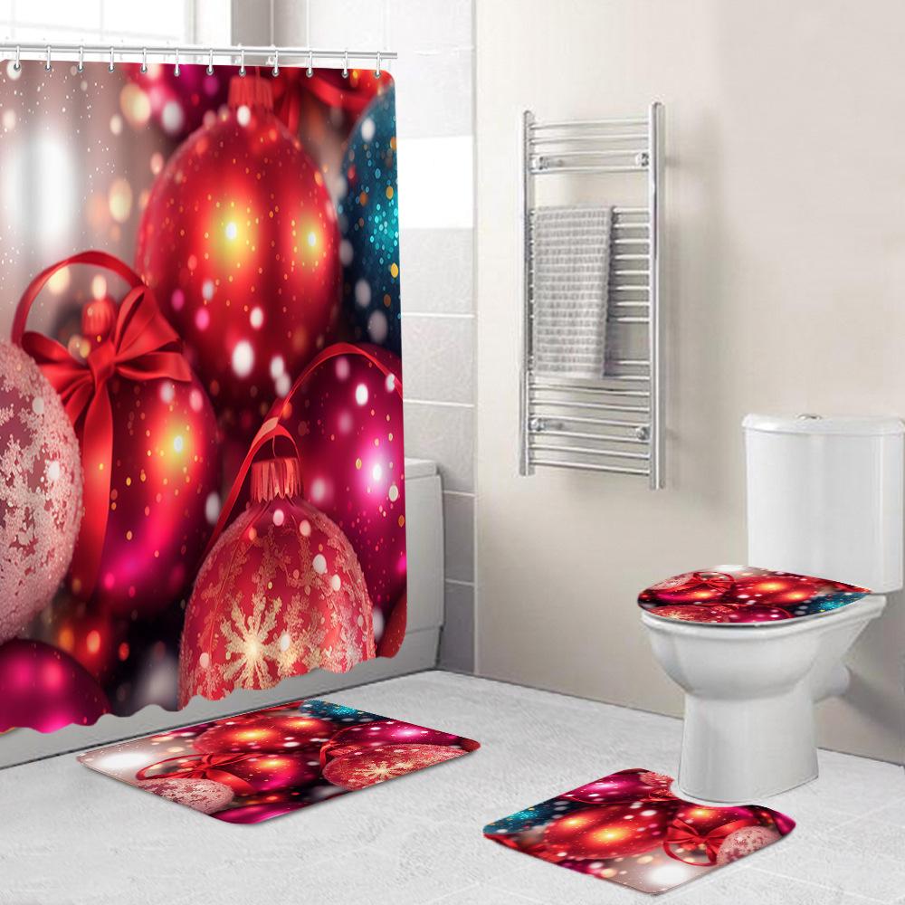 Christmas Series Shower Curtain Floor Mat Combination Four-Piece Set Bathroom Toilet Carpet Shower Room Mat Foot Mat