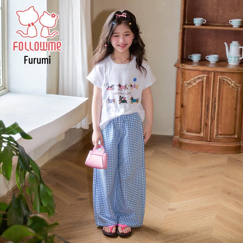 Girls' Summer Cartoon Print Short Sleeve & Plaid Wide-Leg Pants Set