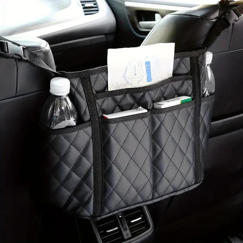 1 Large Capacity PU Leather Car Seat Storage Bag, Hanging Storage Bag With Multiple Zippered Pockets, Car Interior Accessories