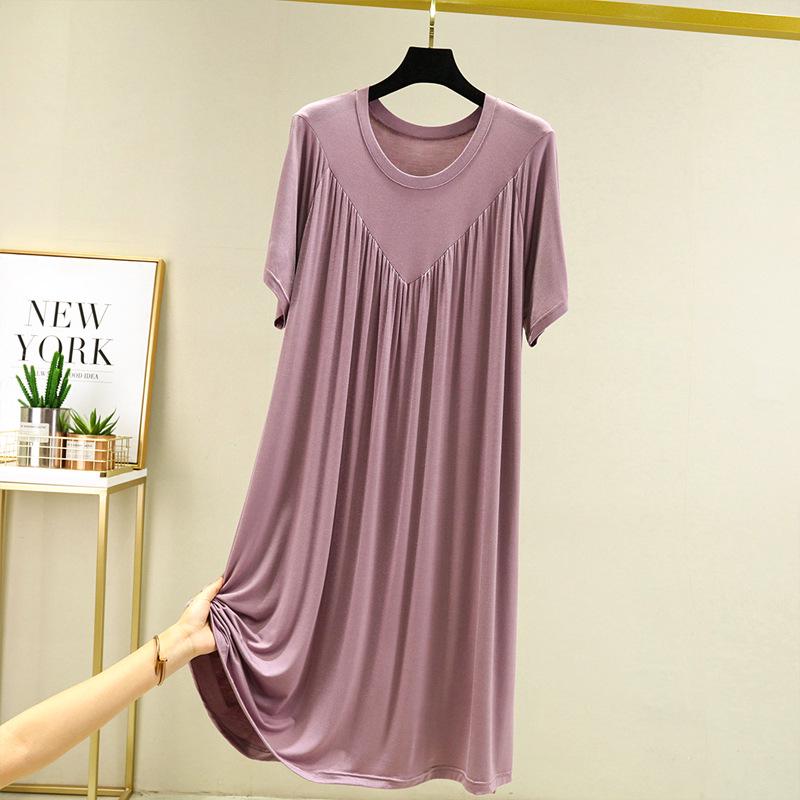 Plus Size Summer Modal Nightdress: Loose, Short-Sleeve V-Neck Pleated Long Home Dress