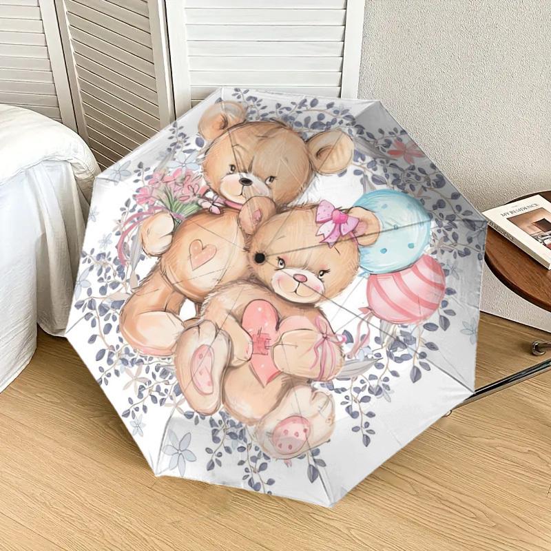1pc Teddy Bears with Balloons and Flowers Umbrella with Plastic Handle,Suitable for All Seasons Home Travel Outdoor UmbrellaDD096