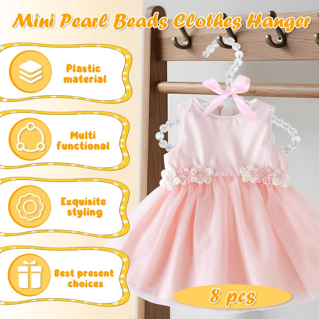 8Pcs Pearl Hanger with Clip Bow Tie Beads Kids Clothes Hanger Dress Wardrobe Closet Storage Dry Rack for Toddler Baby Girl Boy