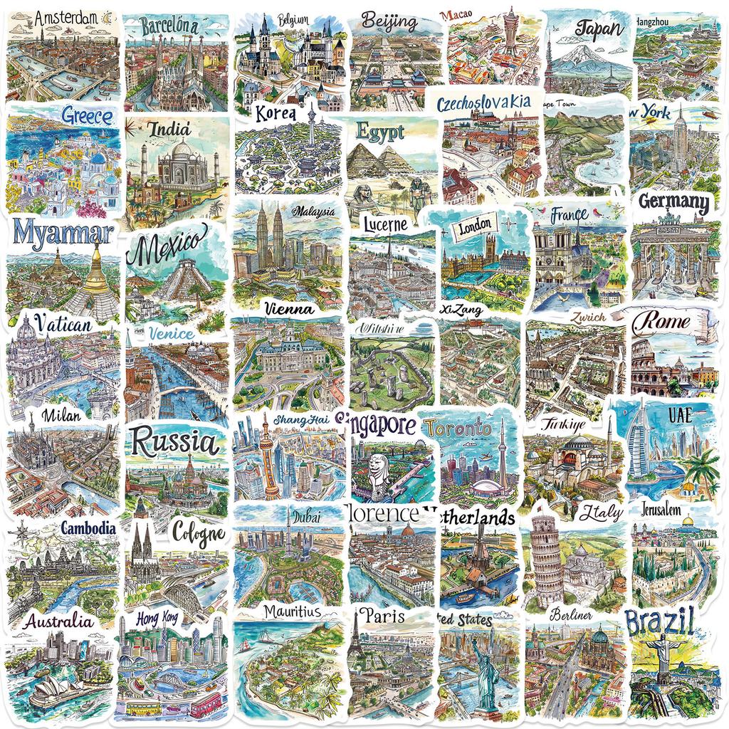 50 Hand-drawn Travel Map Graffiti Stickers Decorate Guitar Notebook Suitcase DIY Waterproof Stickers