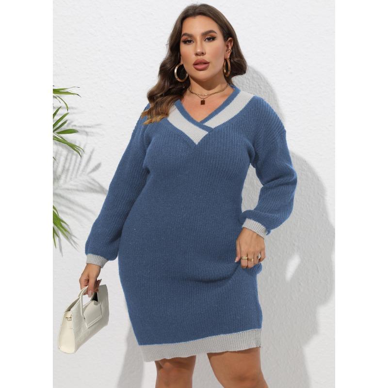 Rochie de pulover de toamnă și iarnă pentru femei, țesute cu decolteu în V, culoarea coliziunii, îmbinată la șold