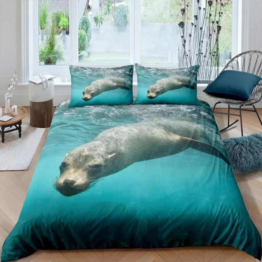Seal Bedding Set fur seal Duvet Cover Marine life quilt cover Pillowcase King Size Marine Life Polyester Comforter Cover