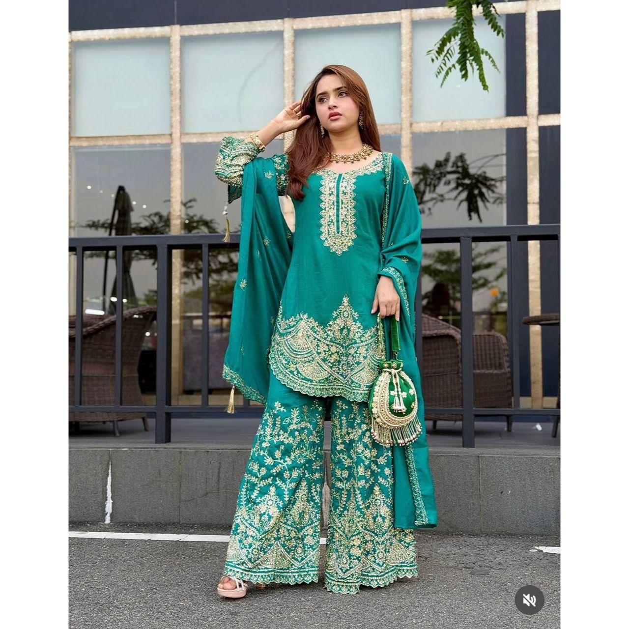 Royal Grace Cinon Silk Ensemble – Premium Embroidered Elegance морской синий