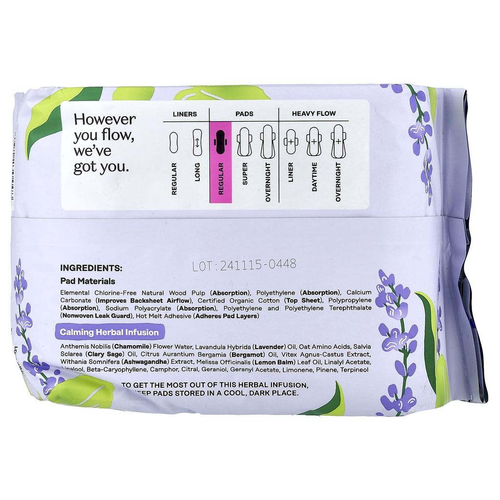 The Honey Pot Company, Organic Calming Herbal Infusion, Winged Pads, Regular, 20 Count