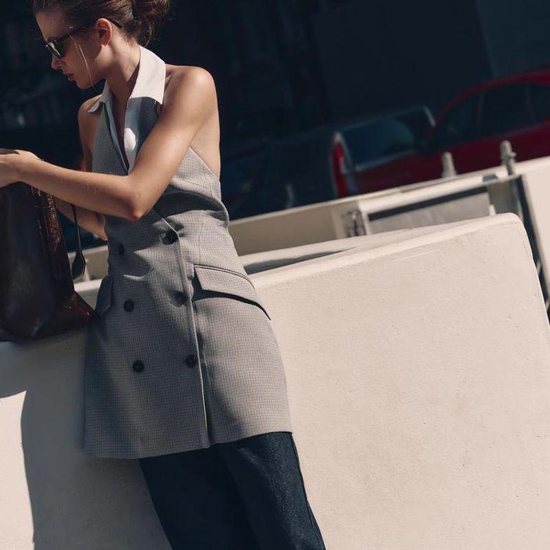 Spring New Arrival American Patchwork Sleeveless Open Back Combination Halterneck Polo Collar Mini Dress 9068589