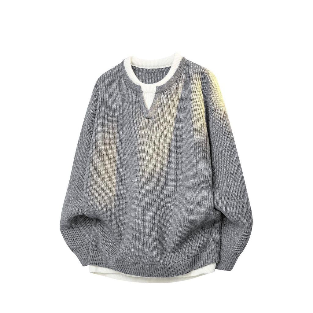 Winter Fake Two-piece Knitted Sweater Men's Lazy Style Pullover Thread Coat Loose Inside with Crew Neck Bottoming Shirt
