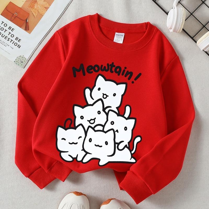 Kids Crewneck Sweatshirt, Cute White Cats Meowtain Print, Soft Casual Pullover for Fall Winter