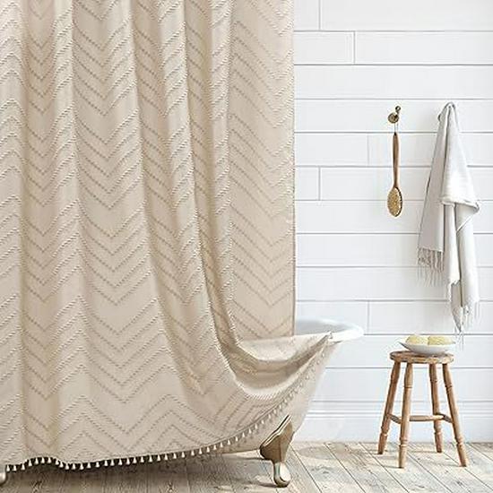 Cortina de Chuveiro Boho Impermeável com Recortes Espessada, Cor Sólida, Qualidade de Hotel