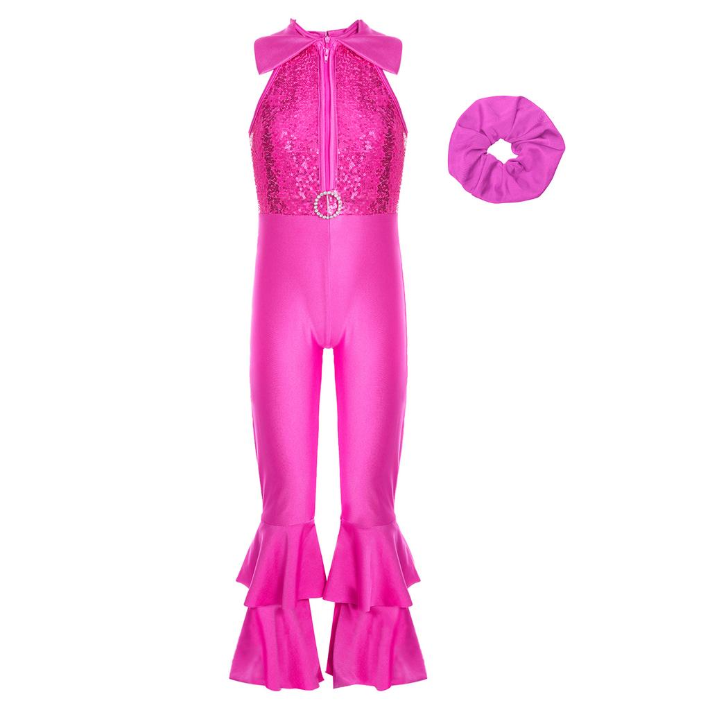 Girls Shiny Sequins Dance Leotard Sleeveless Turndown Collar Zipper O Ring Bell Bottom Design with Hair Band