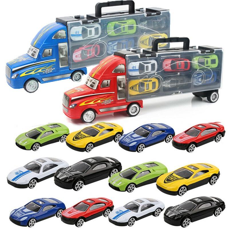 Durable Kids Vehicles Transport Car Carrier Semi Truck With 12 Mini Cars Gift Set