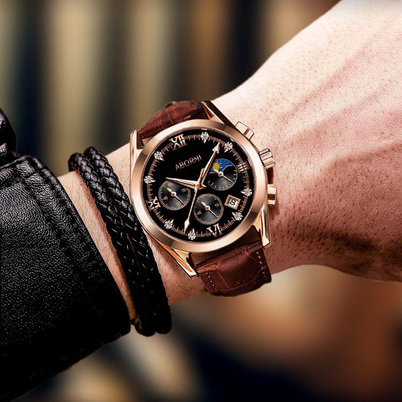 ABORNI Luxus Herren Chronograph Armbanduhr Wasserdicht Leuchtend Herrenuhr Leder Hohe Qualität Sport Herren Quarzuhren