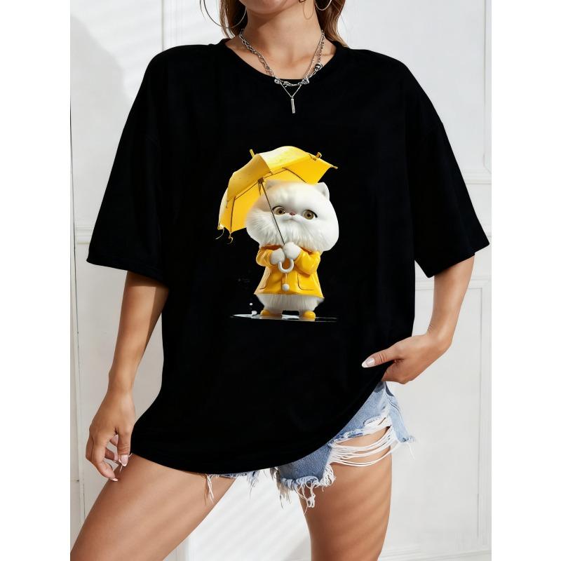 

Белая футболка с принтом милого кота, держащего желтый зонтик, для повседневной носки XXXXL чёрный