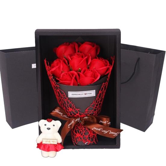 Valentine's Day Flower Bouquet with Bear And Gift Box 7 Scented Soap Flowers Artificial Rose Carnation Bouquet for