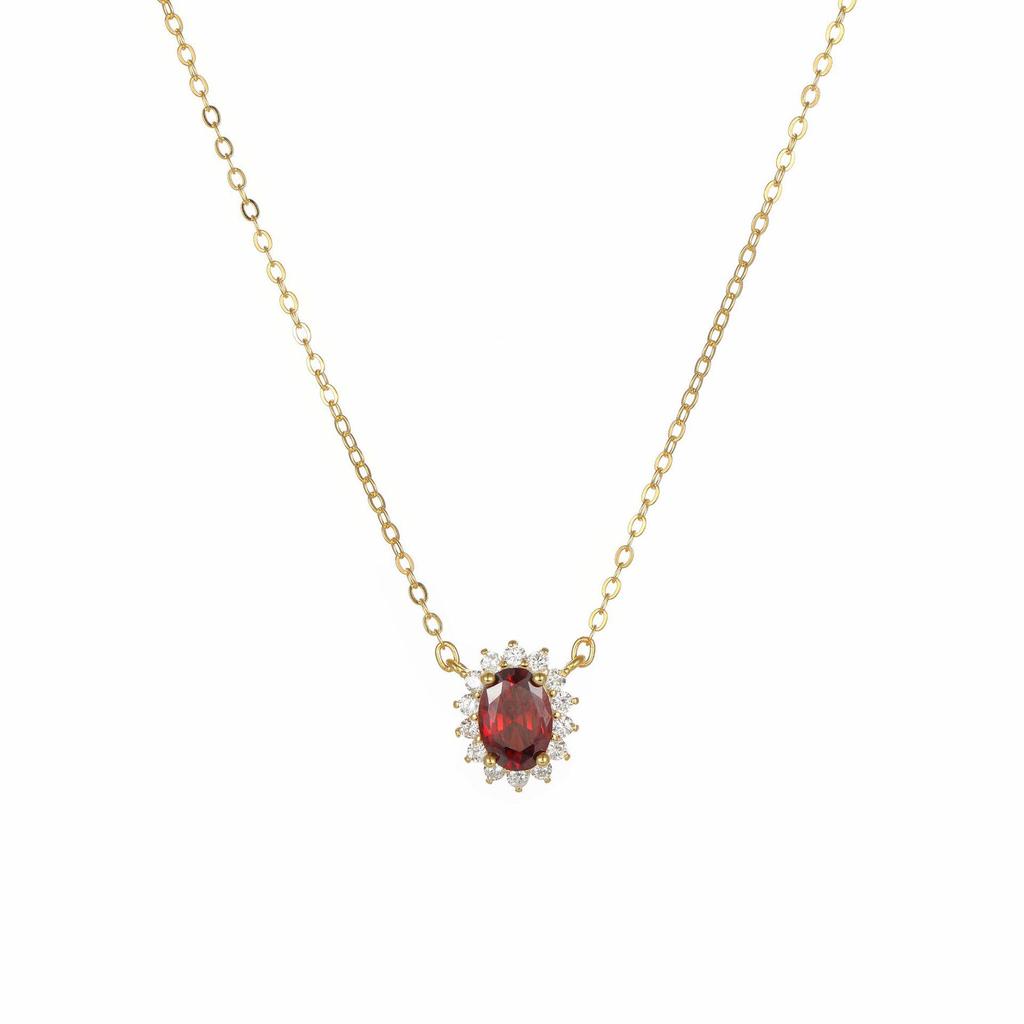 18K Gold Plated Sterling Silver Garnet Red Ruby Necklace for Women - Retro Fashion Clavicle Chain