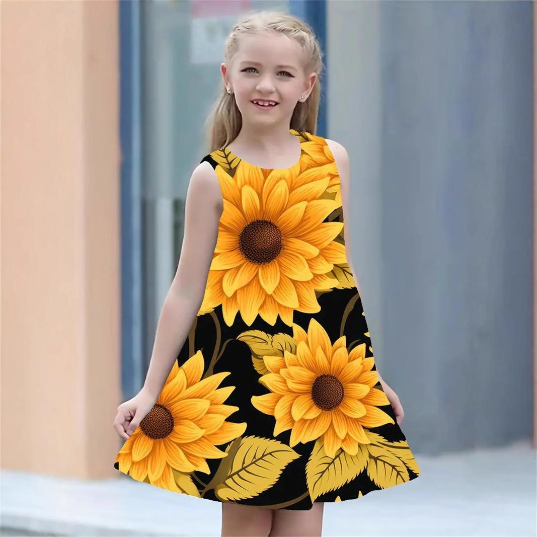 

2025 new girls summer casual fashion trend comfortable simple flower pattern children s sleeveless skirt 13-14Y