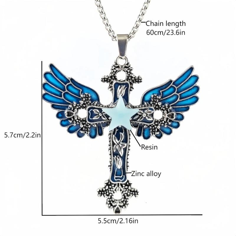 Glow-In-The-Dark Angel Wing Cross Necklace Gothic Luminous Pendant Necklace Jewelry Gift