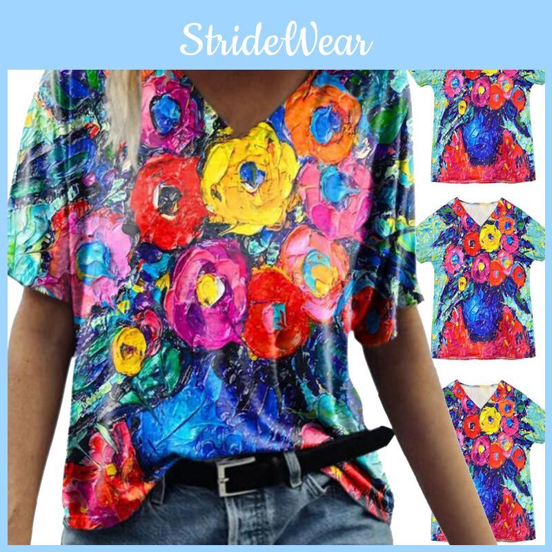 Summer Casual T Shirt With Floral Print And V Neck For Women