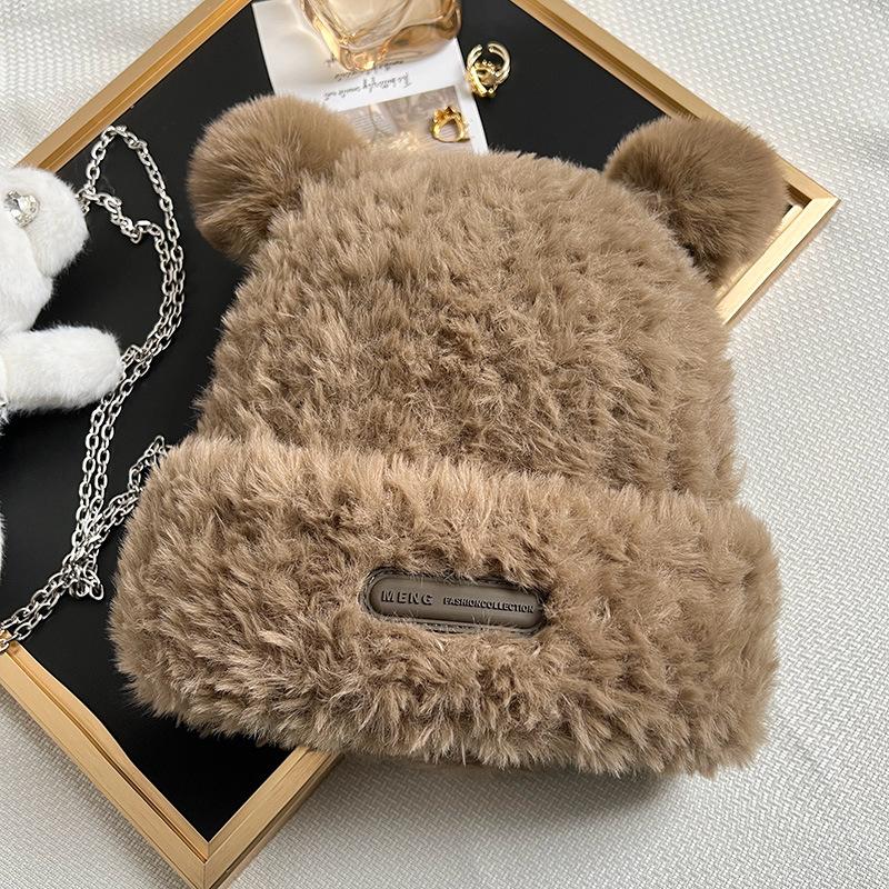 

Осенне-зимняя плюшевая шапка-медведь, женская новая вязаная шапка с большой окружностью головы, меховая подкладка, утолщенная теплая защитная шапка для ушей one size (54-58cm)