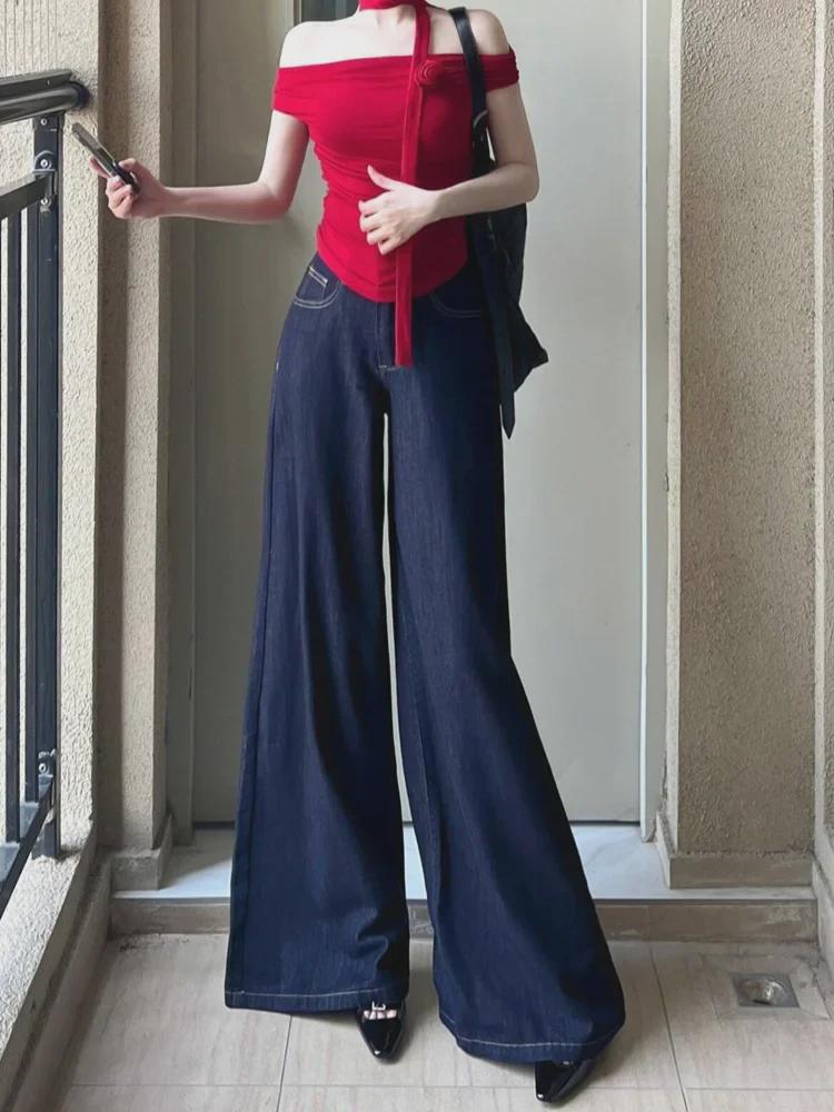 Kadın Yüksek Bel Retro Geniş Paça Kot Pantolon - Yazlık, Bol Kesim, Yer Boyu