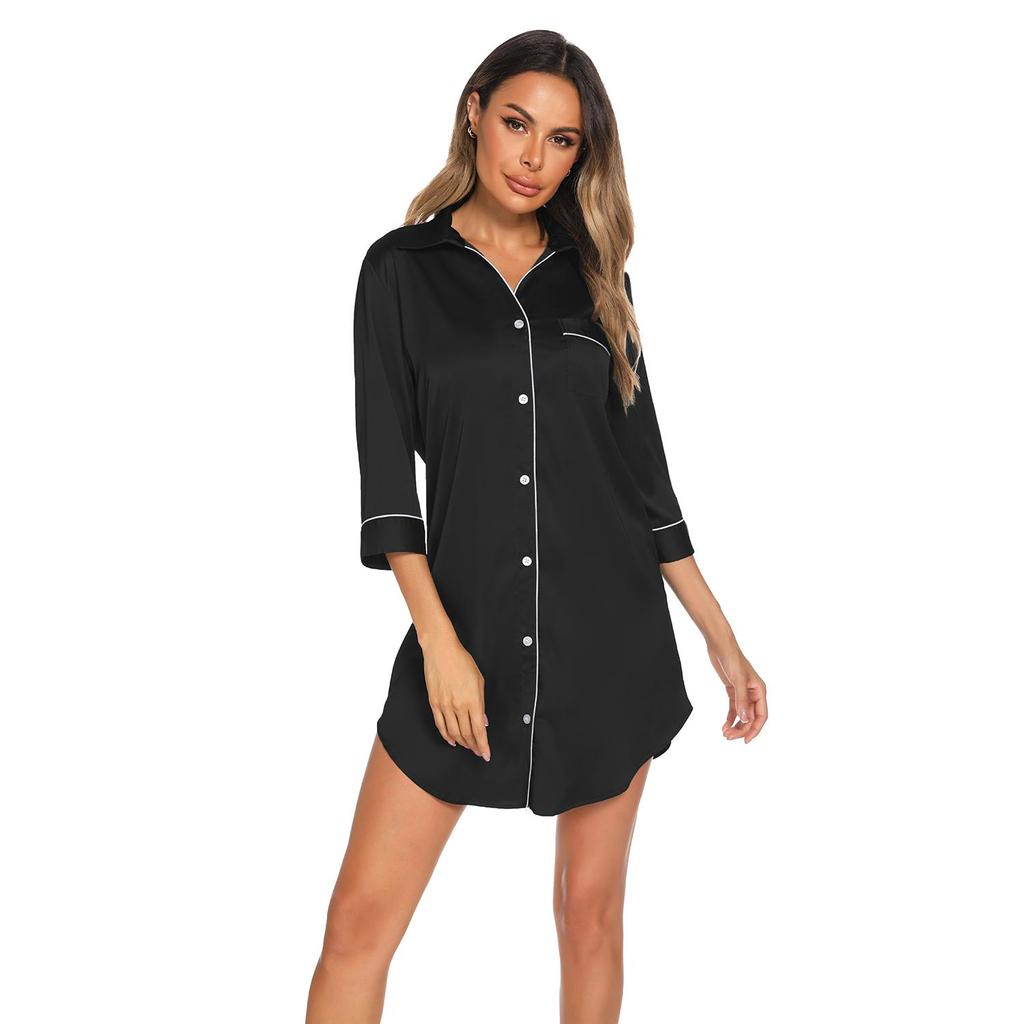 Women's Sleep Shirt Silk Imitation Long Sleeves Thin Night Shirt Ladies Pajamas Nightwear Sexy Sleepwear In Black Navy Green