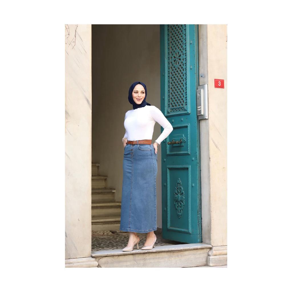 Natural Fabric Belted Denim Skirt - Black