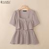 ZANZEA Women Square Collar Short Sleeve Layers Ruffled Hollow Casual Blouse