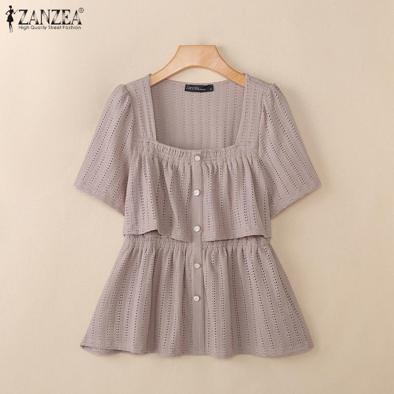 ZANZEA Women Square Collar Short Sleeve Layers Ruffled Hollow Casual Blouse