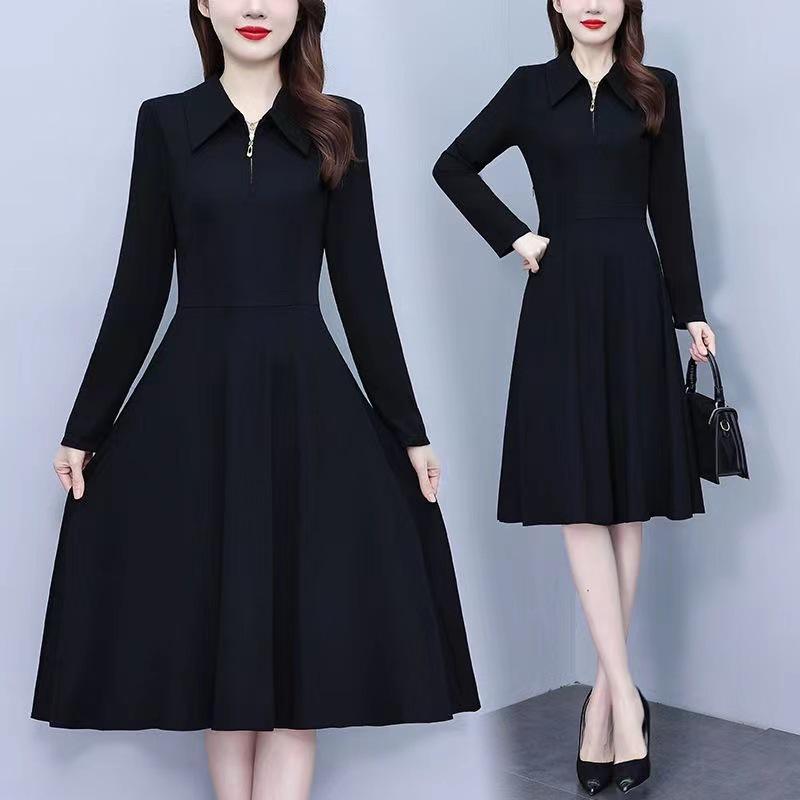 

2025 Autumn Plus Size Polo Collar Black Dress: Waist-Cinched, Slimming, Mid-Length with Long Sleeves for a Body-Concealing Fit 5XL чёрный