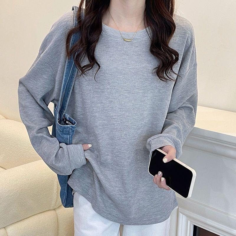 

Женская футболка вафельной вязки, тренд, весна-осень, тонкий свитер, корейский стиль, круглый вырез, свободный топ с длинным рукавом, модный L серый