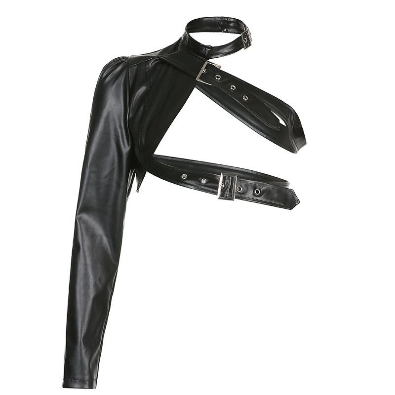 Stylish Asymmetrical Metal Buckle Halter-Neck Pu Leather One-Sleeve Jacket 2025 Spring and Autumn European and American Amazon New Model