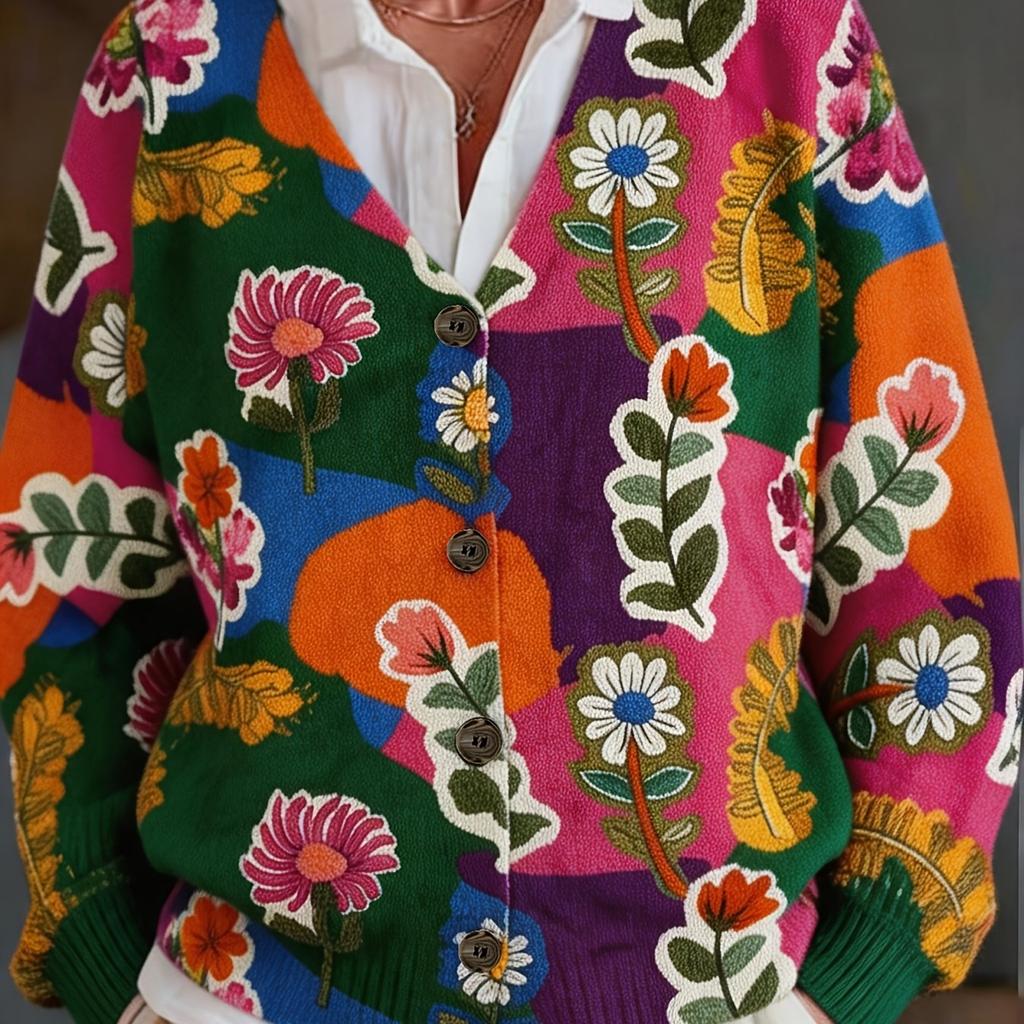 Autumn and Winter Fashionable and Versatile V-neck Long-sleeved Cardigan Women's Tops Floral Pattern Women's Sweater Jacket