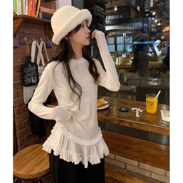 

MR [Modal Cotton] Ballet Lace Long Sleeve T-Shirt Large Size Women s Slim Fit Bottom Shirt Top S белый