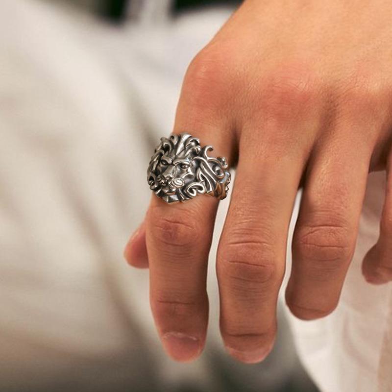 Mighty Lion Head Open Ring for Men, Personalized Fashion Retro Trendy Punk Hip Hop Ring