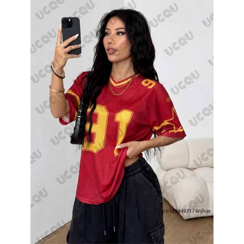 Sommer Neues T-Shirt Kleidung Für Frauen Kurzarm Patchwork Speed 91 Druck V-Ausschnitt T-Shirts Sport Fußballtrikot Y2k Übergroße Oberteile