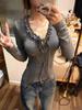 Korean V-Neck Tie-Up Lace Long-Sleeve T-Shirt for Women 2025 Slim-Fit Pure Desire Base Layer